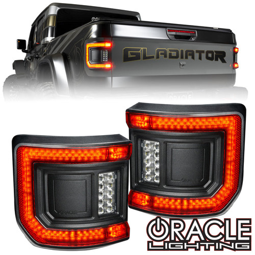 Detailed view of Oracle Lighting Flush Mount LED Tail Lights for Jeep Gladiator JT, Standard Red Lens of Oracle Lighting Flush Mount LED Tail Lights for Jeep Gladiator JT, Tinted Lens of Oracle Lighting Flush Mount LED Tail Lights for Jeep Gladiator JT, Back view of Oracle Lighting Flush Mount LED Tail Lights for Jeep Gladiator JT, Box of Oracle Lighting Flush Mount LED Tail Lights for Jeep Gladiator JT, Sample appearance of Oracle Lighting Flush Mount LED Tail Lights for Jeep Gladiator JT, Oracle Lighting Flush Mount LED Tail Lights for Jeep Gladiator JT in Use