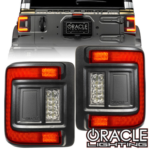 Oracle Lighting Flush Mount LED Tail Lights for Jeep Wrangler JL in white background, Standard Red Oracle Lighting Flush Mount LED Tail Lights for Jeep Wrangler JL, Tinted Oracle Lighting Flush Mount LED Tail Lights for Jeep Wrangler JL, Detailed view of Oracle Lighting Flush Mount LED Tail Lights for Jeep Wrangler JL, Oracle Lighting Flush Mount LED Tail Lights for Jeep Wrangler JL in packaging, Oracle Lighting Flush Mount LED Tail Lights for Jeep Wrangler JL Installed, Switched On Oracle Lighting Flush Mount LED Tail Lights for Jeep Wrangler JL