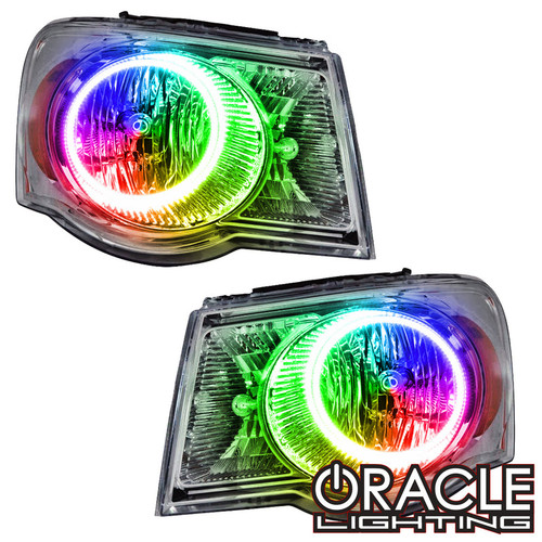 Detailed view of Oracle Lighting Aspen Dynamic ColorSHIFT® Pre-Assembled Headlights, Inclusions of Oracle Lighting Aspen Dynamic ColorSHIFT® Pre-Assembled Headlights, Bluetooth LED Controller of Oracle Lighting Aspen Dynamic ColorSHIFT® Pre-Assembled Headlights, Diagram of Oracle Lighting Aspen Dynamic ColorSHIFT® Pre-Assembled Headlights