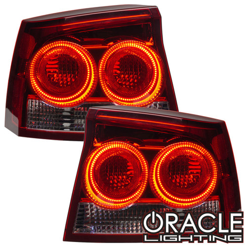 Front view of Oracle Lighting Charger Pre-Assembled Tail Lights when it's on, Oracle Lighting Charger Pre-Assembled Tail Lights in white background, Side view of Oracle Lighting Charger Pre-Assembled Tail Lights, Back view of Oracle Lighting Charger Pre-Assembled Tail Lights