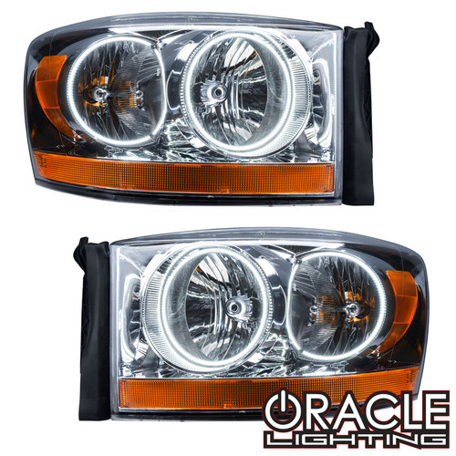 Detailed view of Oracle Lighting Dodge Ram Pre-Assembled Headlights, Close-up of Oracle Lighting Dodge Ram Pre-Assembled Headlights, Oracle Lighting Dodge Ram Pre-Assembled Headlights in white background, Back view of Oracle Lighting Dodge Ram Pre-Assembled Headlights,