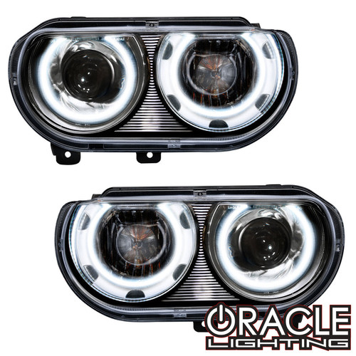 Front view of Oracle Lighting 2008-2014 Dodge Challenger Pre-Assembled LED Halo Headlights - (HID), Oracle Lighting 2008-2014 Dodge Challenger Pre-Assembled LED Halo Headlights - (HID) in White, Oracle Lighting 2008-2014 Dodge Challenger Pre-Assembled LED Halo Headlights - (HID) in Blue, Oracle Lighting 2008-2014 Dodge Challenger Pre-Assembled LED Halo Headlights - (HID) in Red, Oracle Lighting 2008-2014 Dodge Challenger Pre-Assembled LED Halo Headlights - (HID) in Green, Oracle Lighting 2008-2014 Dodge Challenger Pre-Assembled LED Halo Headlights - (HID) in ColorSHIFT® - w/ RF Controller, Oracle Lighting 2008-2014 Dodge Challenger Pre-Assembled LED Halo Headlights - (HID) in ColorSHIFT® - w/ 2.0 Controller, Oracle Lighting 2008-2014 Dodge Challenger Pre-Assembled LED Halo Headlights - (HID) in ColorSHIFT® - w/ No Controller, Oracle Lighting 2008-2014 Dodge Challenger Pre-Assembled LED Halo Headlights - (HID) in ColorSHIFT® - w/ BC1 Controller, Oracle Lighting 2008-2014 Dodge Challenger Pre-Assembled LED Halo Headlights - (HID) in ColorSHIFT® - w/ Simple Controller, Detailed view of  Oracle Lighting 2008-2014 Dodge Challenger Pre-Assembled LED Halo Headlights - (HID), Back view of Oracle Lighting 2008-2014 Dodge Challenger Pre-Assembled LED Halo Headlights - (HID)