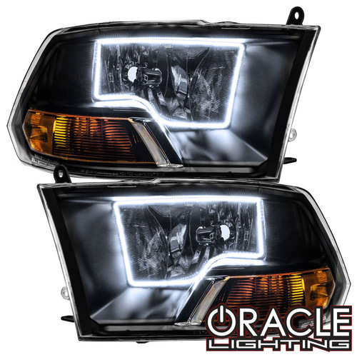 Front view of Oracle Lighting 2009-2012 Dodge RAM Non-Sport Pre-Assembled LED Halo Headlights - (Black Housing), Detailed view of Oracle Lighting 2009-2012 Dodge RAM Non-Sport Pre-Assembled LED Halo Headlights - (Black Housing), Close up view of Oracle Lighting 2009-2012 Dodge RAM Non-Sport Pre-Assembled LED Halo Headlights - (Black Housing)
