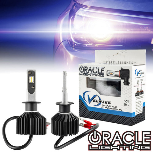 Front view of Oracle Lighting H1 - VSeries LED Headlight Kit, Oracle Lighting H1 - VSeries LED Headlight Kit in white background, Box of Oracle Lighting H1 - VSeries LED Headlight Kit, Oracle Lighting H1 - VSeries LED Headlight Kit with label