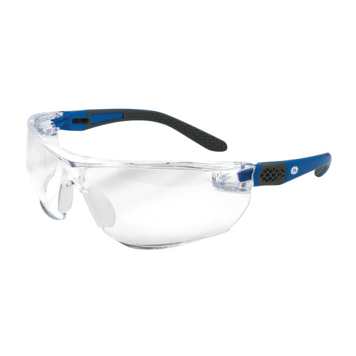 Detailed view of General Electric Blue/Gray Clear Lens Safety Glasses with labeled description, Back view of General Electric Blue/Gray Clear Lens Safety Glasses, Close-up of General Electric Blue/Gray Clear Lens Safety Glasses, Side view of General Electric Blue/Gray Clear Lens Safety Glasses, Scratch-Resistant variant of General Electric Blue/Gray Clear Lens Safety Glasses, Scratch-Resistant, Anti-Fog variant of General Electric Blue/Gray Clear Lens Safety Glasses