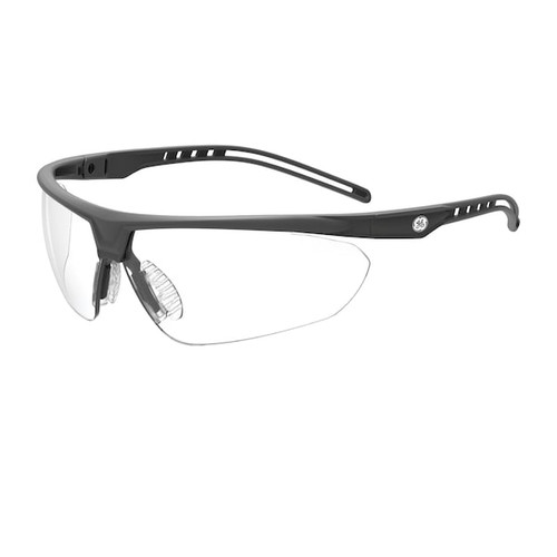 Close-up of General Electric Gray/Gray Safety Glasses, General Electric Gray/Gray Safety Glasses with description, Clear variant of General Electric Gray/Gray Safety Glasses, Close-up of General Electric Gray/Gray Safety Glasses in clear variant, Clear variant of General Electric Gray/Gray Safety Glasses with anti-fog