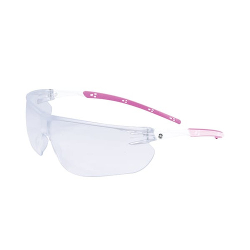 Front view of General Electric White/Pink Safety Glasses Clear Lens Anti-Fog, Detailed view of General Electric White/Pink Safety Glasses Clear Lens Anti-Fog