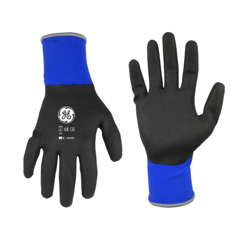 Front view of General Electric 16 GA High-Vis Dipped Sandy Gloves with description, Sizing chart of General Electric 16 GA High-Vis Dipped Sandy Gloves, General Electric 16 GA High-Vis Dipped Sandy Gloves being used, Medium size of General Electric 16 GA High-Vis Dipped Sandy Gloves, Large Size of General Electric 16 GA High-Vis Dipped Sandy Gloves, XL size of General Electric 16 GA High-Vis Dipped Sandy Gloves