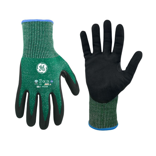 Front view of General Electric 15 GA Green/Black Nitrile Dipped Recycled Gloves with description, Sizing chart of General Electric 15 GA Green/Black Nitrile Dipped Recycled Gloves, General Electric 15 GA Green/Black Nitrile Dipped Recycled Gloves being used, Medium size of General Electric 15 GA Green/Black Nitrile Dipped Recycled Gloves, Large Size of General Electric 15 GA Green/Black Nitrile Dipped Recycled Gloves, XL size of General Electric 15 GA Green/Black Nitrile Dipped Recycled Gloves