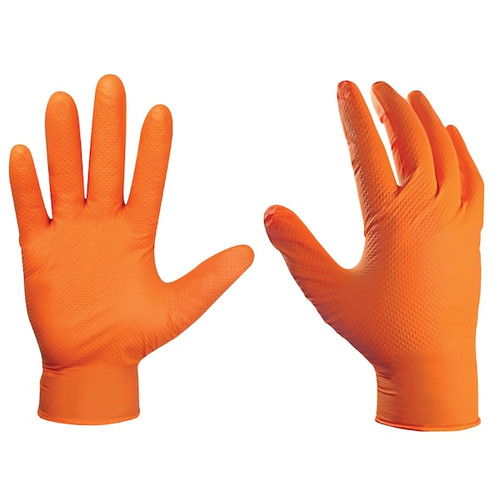 Detailed view of General Electric Orange 8 mil Nitrile Powder-Free Safety Gloves, Sizing chart of General Electric Orange 8 mil Nitrile Powder-Free Safety Gloves, General Electric Orange 8 mil Nitrile Powder-Free Safety Gloves being used