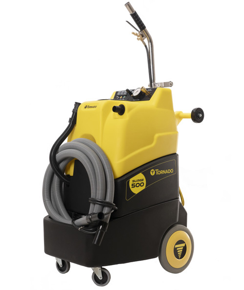 Front view of Tornado Surge 220 Heated Carpet Extractor, Side view of Tornado Surge 220 Heated Carpet Extractor, Airwatt Motor of Tornado Surge 220 Heated Carpet Extractor, Tornado Surge 220 Heated Carpet Extractor using sink to fill, Tornado Surge 220 Heated Carpet Extractor using bucket to fill, Inside of Tornado Surge 220 Heated Carpet Extractor, Wheels of Tornado Surge 220 Heated Carpet Extractor, Clamshell design of Tornado Surge 220 Heated Carpet Extractor
