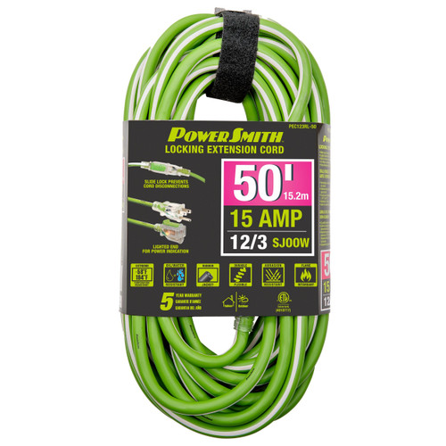 Detailed view of PowerSmith 100 ft Extension Cord, Product Label of PowerSmith 100 ft Extension Cord, Rolled PowerSmith 100 ft Extension Cord, Type of use and amp ratings, Plugs of PowerSmith 100 ft Extension Cord, Fuse of PowerSmith 100 ft Extension Cord, Warranty Tag of PowerSmith 100 ft Extension Cord