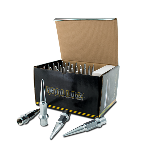 Front view of Metal Lugz 8 Spiked Lug Nut Kit in white background, Chrome variant of Metal Lugz 8 Spiked Lug Nut Kit, Black variant of Metal Lugz 8 Spiked Lug Nut Kit