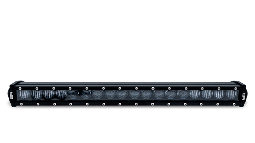 Front view of Body Armor 18" Single Row Blackout LED Light Bar (50020), Side view of Body Armor 18" Single Row Blackout LED Light Bar (50020), Body Armor 18" Single Row Blackout LED Light Bar (50020) in White Background, Body Armor 18" Single Row Blackout LED Light Bar (50020) Used in a Car, Body Armor 18" Single Row Blackout LED Light Bar Attached in a Car