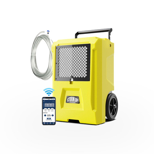 Alor Air Solutions Storm DP Single-Voltage Blue Dehumidifier in white background, Alor Air Solutions Storm DP Single-Voltage Blue Dehumidifier being used