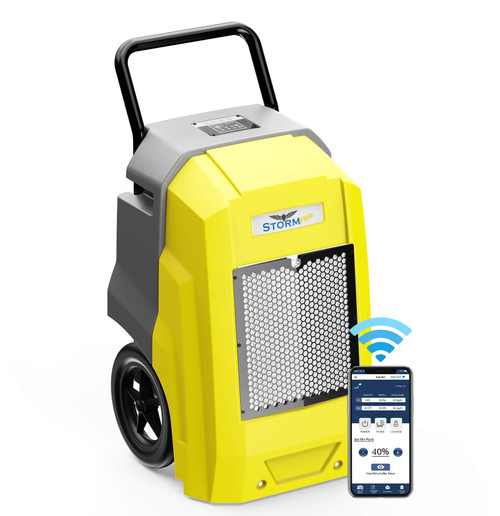 Alor Air Solutions Storm Pro Dehumidifier in white background, Alor Air Solutions Storm Pro Dehumidifier being used