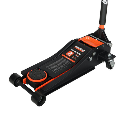 Front view of AutoSport 3 Ton Low Long Reach Hydraulic Service Jack, Side view of AutoSport 3 Ton Low Long Reach Hydraulic Service Jack, Bottom view of AutoSport 3 Ton Low Long Reach Hydraulic Service Jack