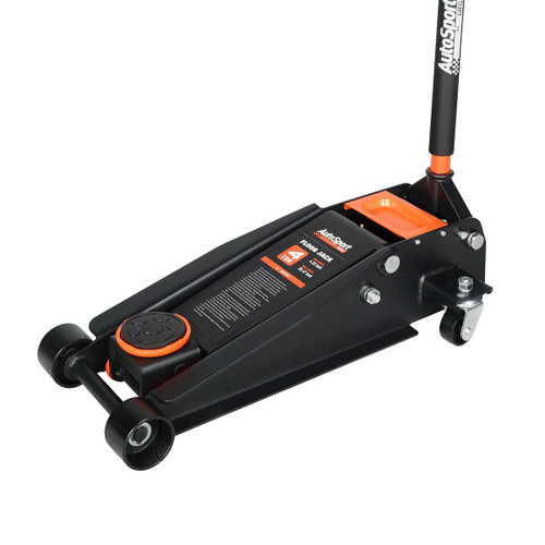 AutoSport 4 Ton Hydraulic Service Jack with Double Pump on white background, Detailed view of AutoSport 4 Ton Hydraulic Service Jack with Double Pump, Side view of AutoSport 4 Ton Hydraulic Service Jack with Double Pump, bottom view of AutoSport 4 Ton Hydraulic Service Jack with Double Pump, Front view of AutoSport 4 Ton Hydraulic Service Jack with Double Pump