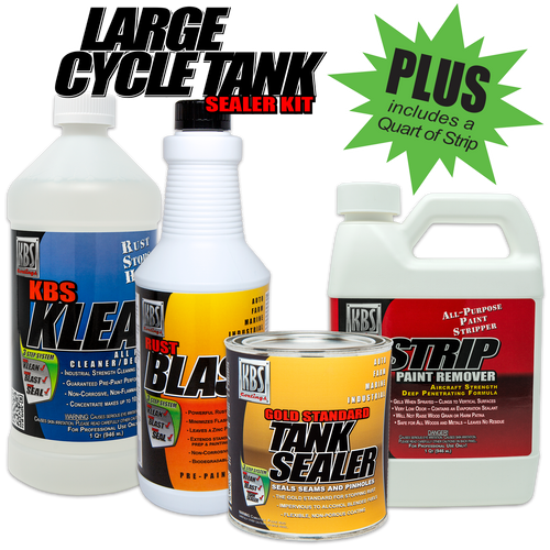 KBS Coatings Large Cycle Tank Sealer PLUS Kit in white background, Sample result of KBS Coatings Large Cycle Tank Sealer PLUS Kit