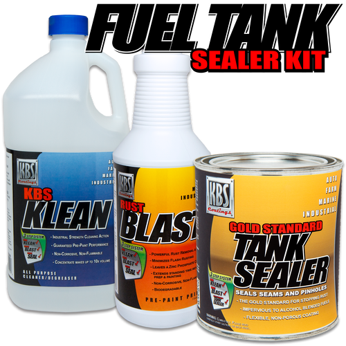 Detailed view of KBS Coatings Auto Fuel Tank Sealer Kit, Pouring the KBS Coatings Auto Fuel Tank Sealer Kit in the tank, Sample result of KBS Coatings Auto Fuel Tank Sealer Kit