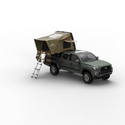 Installed Tuff Stuff Alpha II Hard Top Side Open Tent, Side view of installed Tuff Stuff Alpha II Hard Top Side Open Tent, Folded Tuff Stuff Alpha II Hard Top Side Open Tent