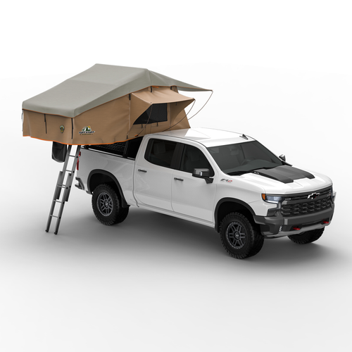 Installed Tuff Stuff Ranger Overland™ Roof Top Tent, Side view of installed Tuff Stuff Ranger Overland™ Roof Top Tent, Folded Tuff Stuff Ranger Overland™ Roof Top Tent