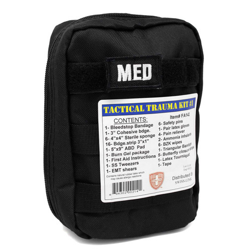 Tactical Trauma Kit #1, compact first aid kit for tactical teams, trauma pouch with M.O.L.L.E. straps, field trauma kit for emergency preparedness, portable trauma kit.