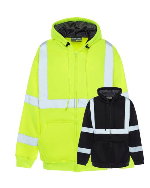 Front view of Yellow and Black Utility Pro HiVis ANSI Class 3 Soft Shell Sweatshirt, Side view of Yellow and Black Utility Pro HiVis ANSI Class 3 Soft Shell Sweatshirt, Back view of Utility Pro HiVis ANSI Class 3 Soft Shell Sweatshirt, Front view of Yellow Utility Pro HiVis ANSI Class 3 Soft Shell Sweatshirt, Front view of Black Utility Pro HiVis ANSI Class 3 Soft Shell Sweatshirt, Close-up of Utility Pro HiVis ANSI Class 3 Soft Shell Sweatshirt, Zoom-in of Utility Pro HiVis ANSI Class 3 Soft Shell Sweatshirt, Neck of Utility Pro HiVis ANSI Class 3 Soft Shell Sweatshirt