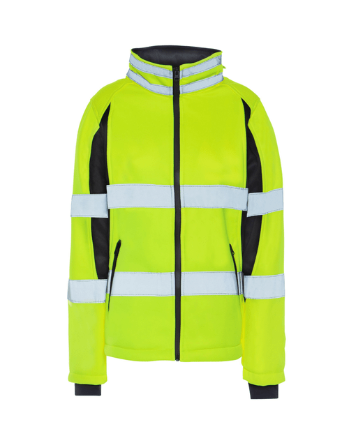 Front view of Utility Pro Women's HiVis Full Zip Soft Shell Jacket, Side view of Utility Pro Women's HiVis Full Zip Soft Shell Jacket, Back view of Utility Pro Women's HiVis Full Zip Soft Shell Jacket, Detailed view of Utility Pro Women's HiVis Full Zip Soft Shell Jacket, Hidden Hood of Utility Pro Women's HiVis Full Zip Soft Shell Jacket, Front zip pocket of Utility Pro Women's HiVis Full Zip Soft Shell Jacket, Utility Pro Women's HiVis Full Zip Soft Shell Jacket in use