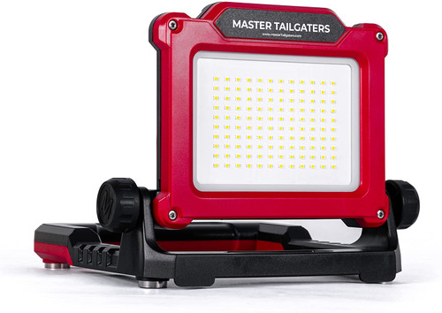 Master Tailgaters FLUD 3500 Work Flood Light with 120 premium LEDs, 3 brightness modes, USB charging port, and compatibility with Black & Decker, Porter Cable, and Stanley 18v-20v batteries.