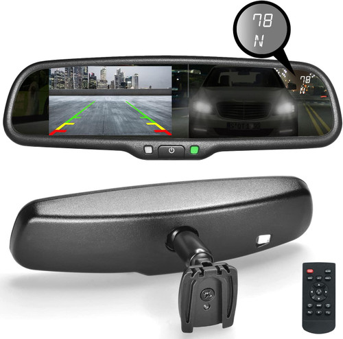 Ultra-bright 4.3" LCD rear view mirror with auto-dimming, compass, temperature display, and adjustable backup lines, ideal for vehicles needing aftermarket mirror replacement.