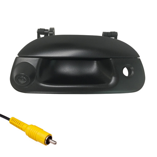 Ford F150-F550 1997-2007 black tailgate handle with backup camera, 170° wide-angle view, 600 TV line resolution, IP68 waterproof rating, and 26-foot video cable.