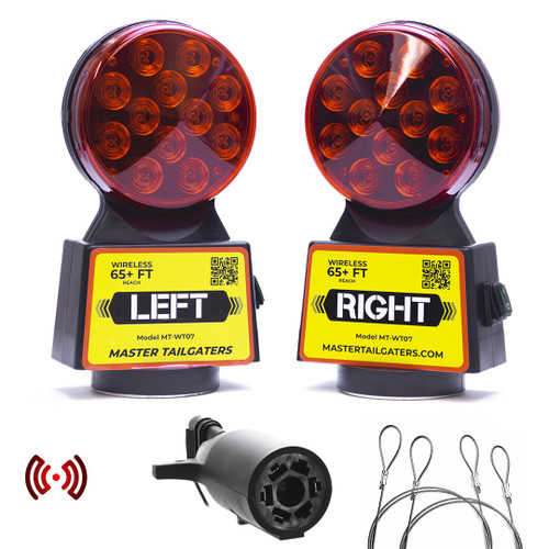 Wireless tow lights with 65 ft range, 4-pin round plug, 12 LED diodes, and safety straps for secure towing. Powered by AA batteries for long-lasting use.