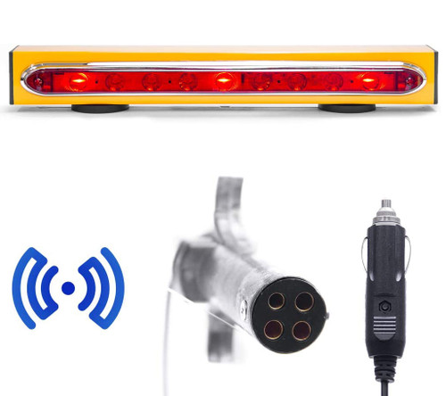 Wireless tow bar with rechargeable LED lights, 4-pin round trailer connector, and strong magnets for secure vehicle attachment.