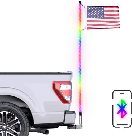 Features of the Master Tailgaters LED Flag Pole showing light modes and wireless app control.