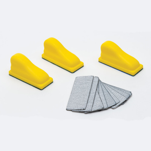 Eastwood 15 Piece Mini PSA Sanding Block Set in white background, Detailed view of Eastwood 15 Piece Mini PSA Sanding Block Set, Grit papers of Eastwood 15 Piece Mini PSA Sanding Block Set