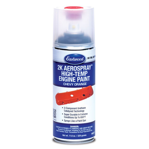 Chevy Orange variation of Eastwood 2K AeroSpray High Temp Engine Paint, Gloss Black variation of Eastwood 2K AeroSpray High Temp Engine Paint, Gloss Red variation of Eastwood 2K AeroSpray High Temp Engine Paint, Ford Blue 19966-80 variation of Eastwood 2K AeroSpray High Temp Engine Paint, Gray variation of Eastwood 2K AeroSpray High Temp Engine Paint