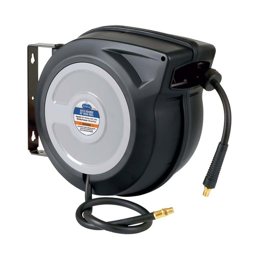 Front view of Eastwood 50ft Retractable Air Hose Reel with Hybrid Flex Polymer Hose, Features and dimensions of Eastwood 50ft Retractable Air Hose Reel with Hybrid Flex Polymer Hose, Eastwood 50ft Retractable Air Hose Reel with Hybrid Flex Polymer Hose in white Background, Side view of Eastwood 50ft Retractable Air Hose Reel with Hybrid Flex Polymer Hose