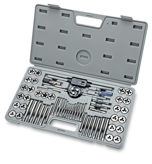 Eastwood 60 Piece Tap and Die Set - Complete Tap and Die Kit in a Storage Case, Eastwood 60 Piece Tap and Die Set - Complete Tap and Die Kit in Packaging, Close up view of Eastwood 60 Piece Tap and Die Set - Complete Tap and Die Kit