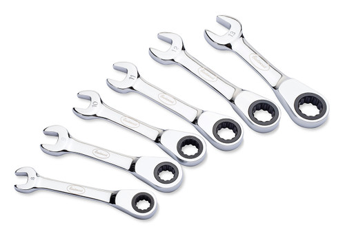 Front view of Eastwood 6pc Stubby MM Ratcheting Wrench Set, Eastwood 6pc Stubby MM Ratcheting Wrench Set in Packaging