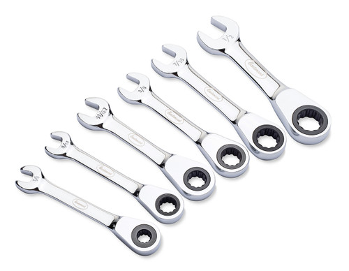 Eastwood 6pc Stubby SAE Ratcheting Wrench Set in white background, Eastwood 6pc Stubby SAE Ratcheting Wrench Set in packaging