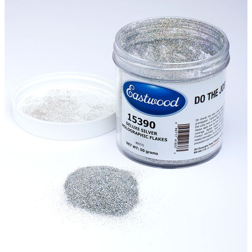 Eastwood Silver Holographic Flakes 50g in white background, Eastwood Silver Holographic Flakes 50g applied on a car paint