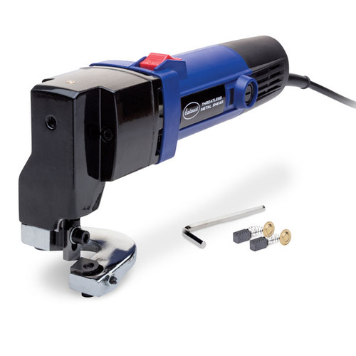 Eastwood Electric Throatless Metal Cutting Shear in white background, Eastwood Electric Throatless Metal Cutting Shear in Use