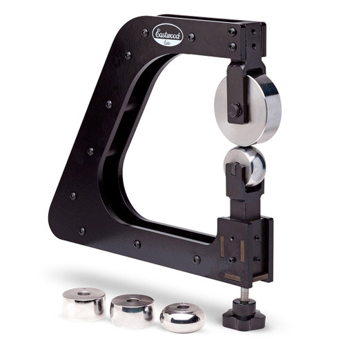 Eastwood Elite Mini English Wheel in White Background, Eastwood Elite Mini English Wheel in Use, Height Comparison of Eastwood Elite Mini English Wheel to a Person, Detailed view of Eastwood Elite Mini English Wheel, Front view of Eastwood Elite Mini English Wheel