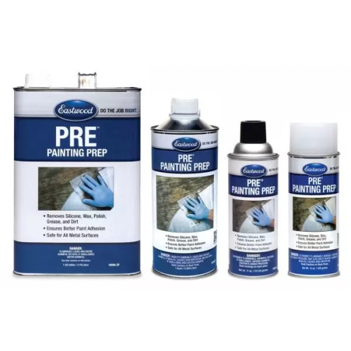 Complete set of Eastwood Pre Painting Prep, Eastwood Pre Painting Prep being used, 11 oz Eastwood Pre Painting Prep, 30 oz Eastwood Pre Painting Prep, Gallon Eastwood Pre Painting Prep