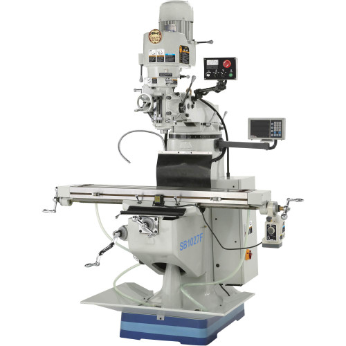 Front view of South Bend 9" x 48" 3 HP EVS Turret Mill with 3-Axis DRO, Features of South Bend 9" x 48" 3 HP EVS Turret Mill with 3-Axis DRO, Control Panel of South Bend 9" x 48" 3 HP EVS Turret Mill with 3-Axis DRO