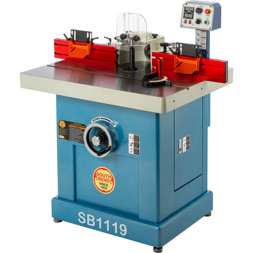 Front view of South Bend 3 HP Single-Phase Variable-Speed Spindle Shaper, Back view of Spindle Shaper, The control panel, Close-up of the spindle, The 3 HP motor
