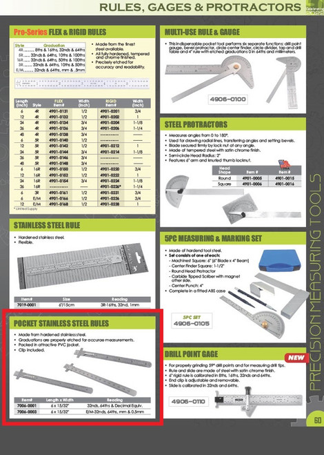 HHIP 6 X 15/32" STAINLESS STEEL RULER (32NDS, 64THS, MM & 0.5MM) (7006-0003)
