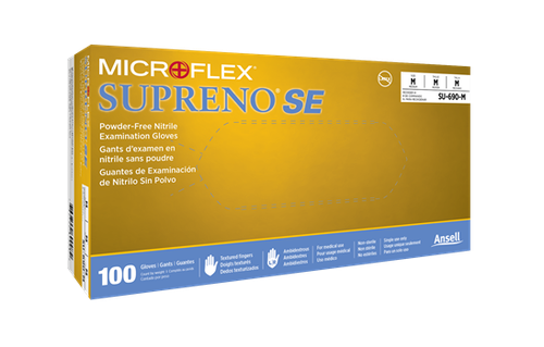 Microflex Supreno SE large nitrile gloves in blue, powder-free and durable.
