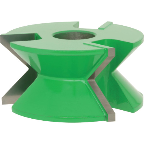 Front view of Grizzly Industrial Shaper Cutter 90 Bevel V-Groove, 3/4" Bore, Cut Sample of Grizzly Industrial Shaper Cutter 90 Bevel V-Groove, 3/4" Bore